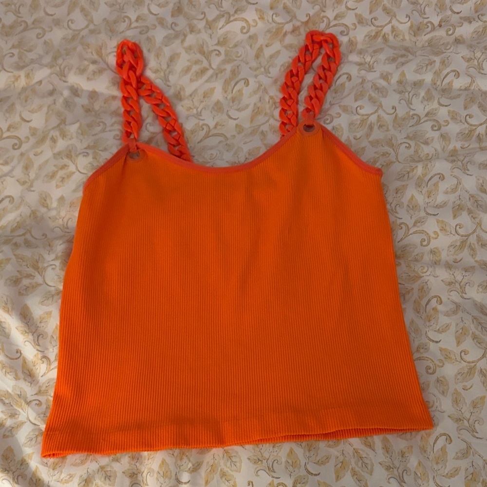 Braided-Strap Ribbed Crop Tank Top in Vibrant Orange